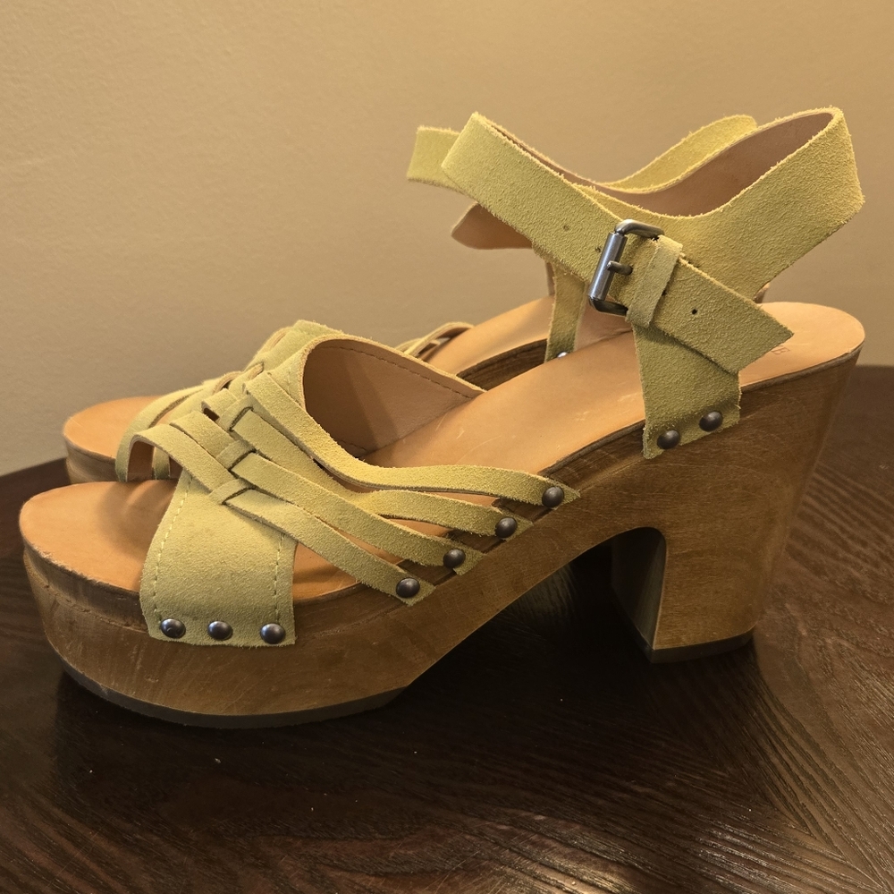 Frye & Co Clogs Heel Shoes Chunky Yellow Leather Size 10M